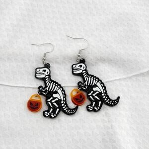 Skelton Trick Or Treat T-Rex Earrings, Halloween Earrings, Dino Earrings